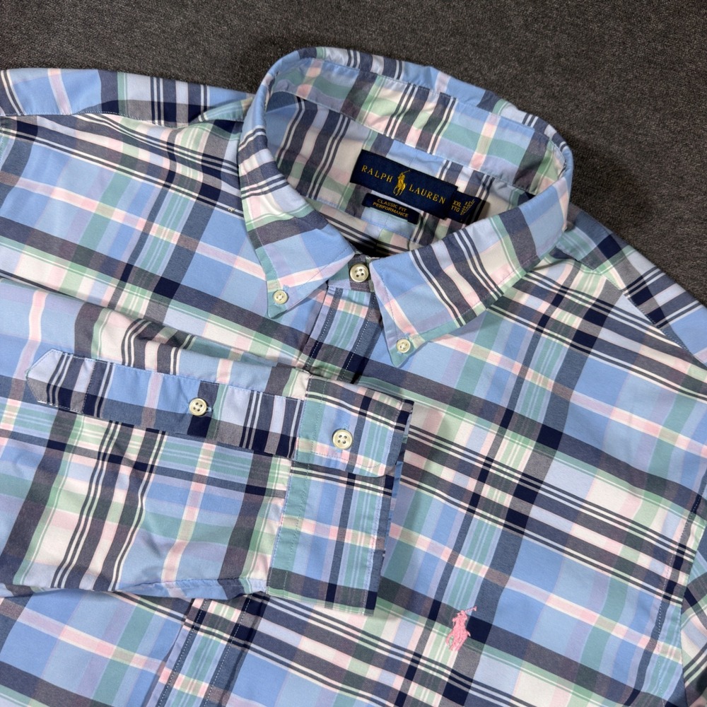Ralph Lauren Button Down Shirt Mens XXL Blue Plaid Classic Fit Performance Pony